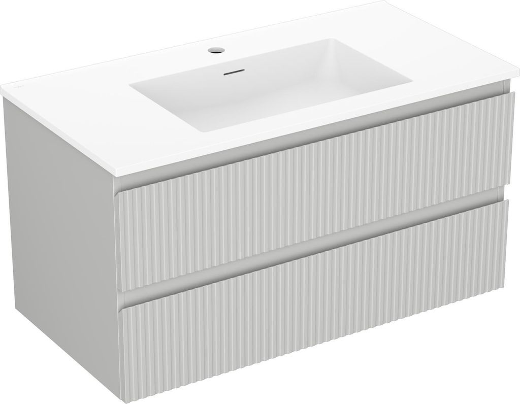 Mexen Rivel Badezimmerschrank 90 cm mit Waschbecken Otis, 2 Schubladen, geriffelt, grau matt/weiß matt - 91A20-09047-2-BFF62-W1?