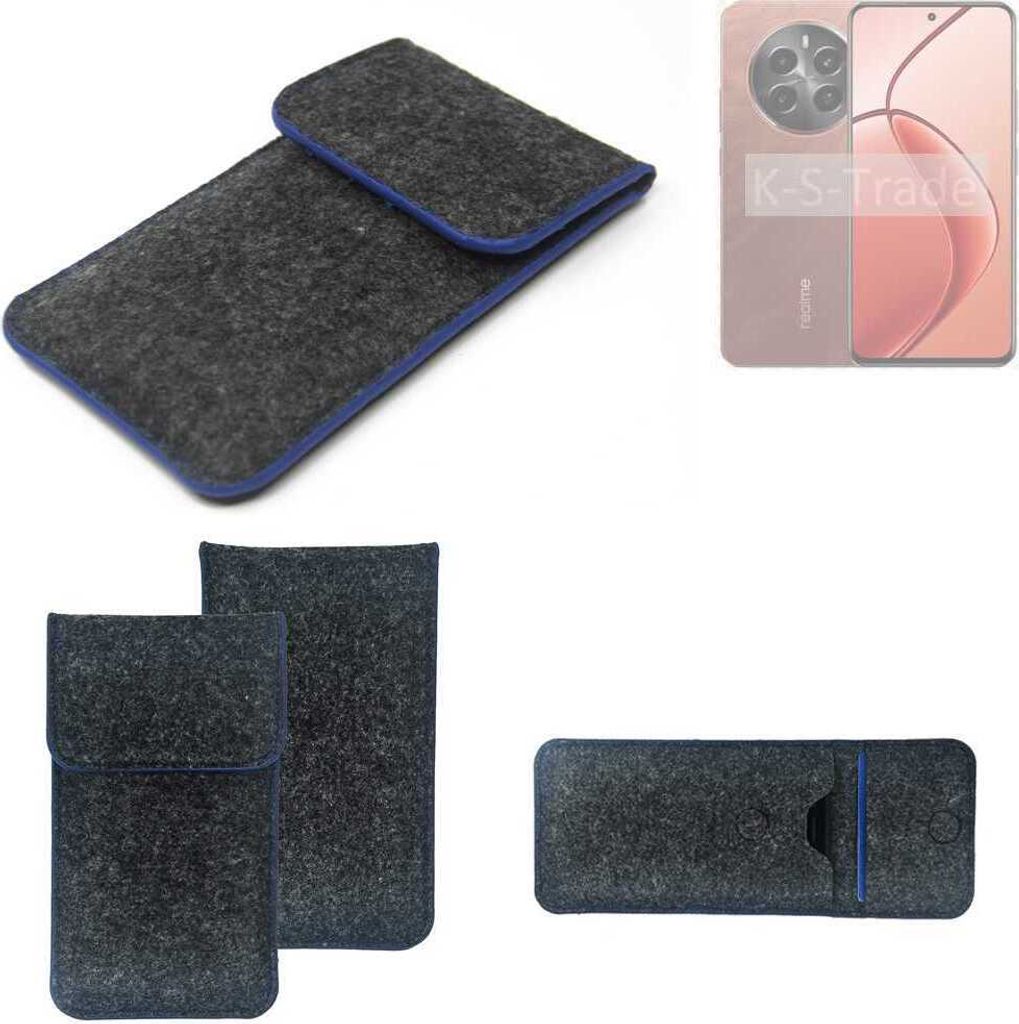 K-S-Trade Handy-Hülle Schutz-Hülle kompatibel mit Realme P1 Pro 5G Filztasche Pouch Tasche Case Sleeve Filzhülle dunkelgrau, blauer Rand