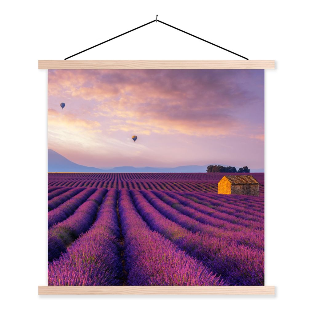 MuchoWow Textilposter Lavendel - Heißluftballon - Berg - Lila 120x120 cm mit holzfarbenen Rahmen - Textil-Poster