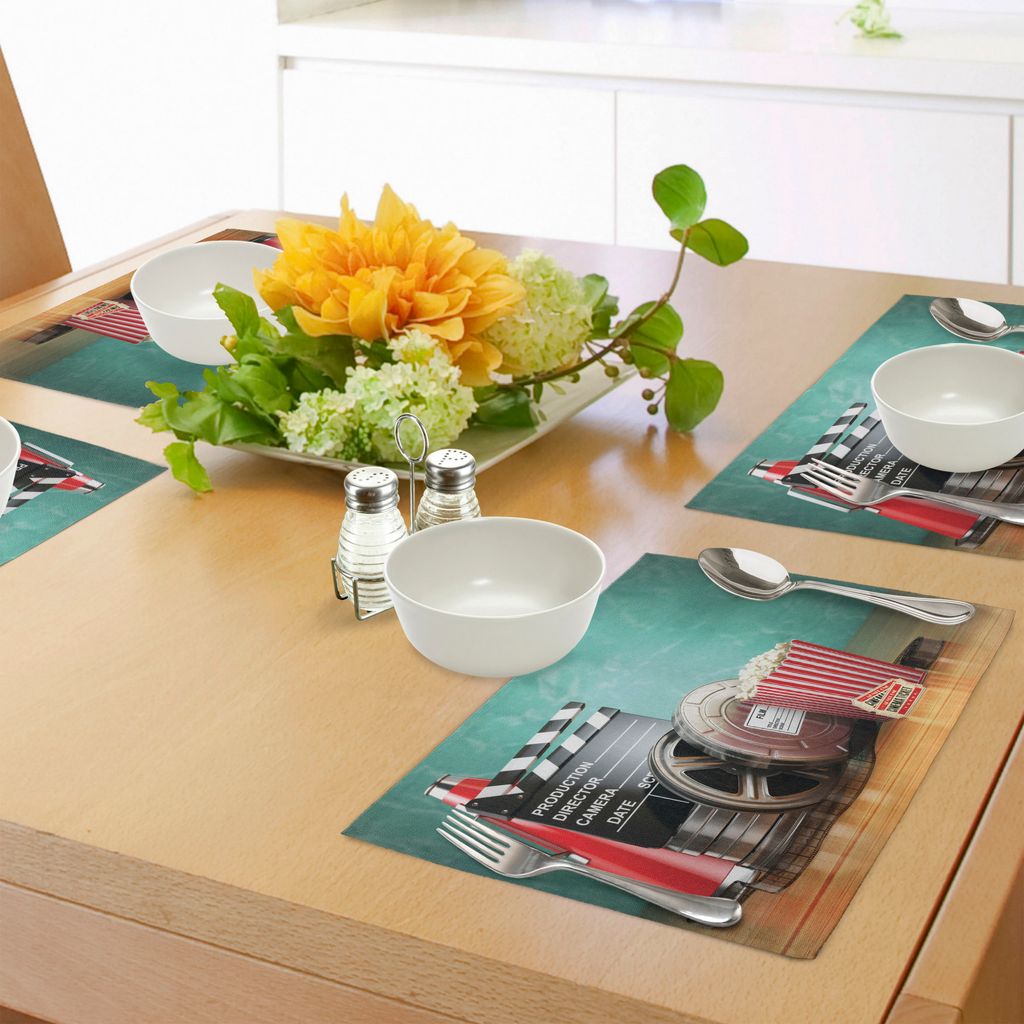 ABAKUHAUS Kino Platzmatten, Produktion Thema 3D Filmrollen Clapperboard Tickets Popcorn und Megaphon, Tiscjdeco aus Farbfesten Stoff für das Esszi...