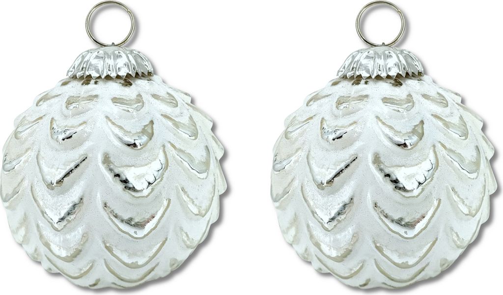 Glas Weihnachtskugel weiß silber - B - 2 Stück 8,5 x 10cm Deko-Kugel Christbaumschmuck glänzend
