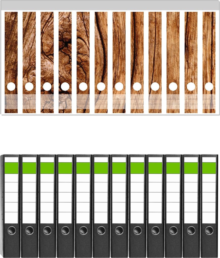 Wallario 12 Stück schmale Ordner inkl. Klebeetiketten mit Motive Holzstamm mit Asteinschluss - Set mit Rückenschildern / Ordnerrücken Stickern