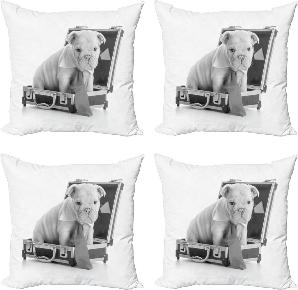 ABAKUHAUS Englische Bulldogge Kissenbezug Set (4 Stück), Welpe mit Krawatte, Moderner Doppelseitiger Digitaldruck, 60 cm x 60 cm, Grau Hellgrau
