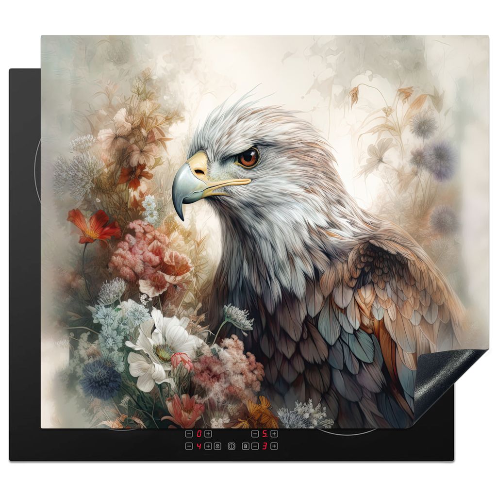 KitchenYeah Herdabdeckplatte Adler - Adler - Vogel - Blumen - Natur , 57x51cm, Küche Deko, Glaskeramikkochfeld Herdabdeckung, Abdeckplatte fùr ...