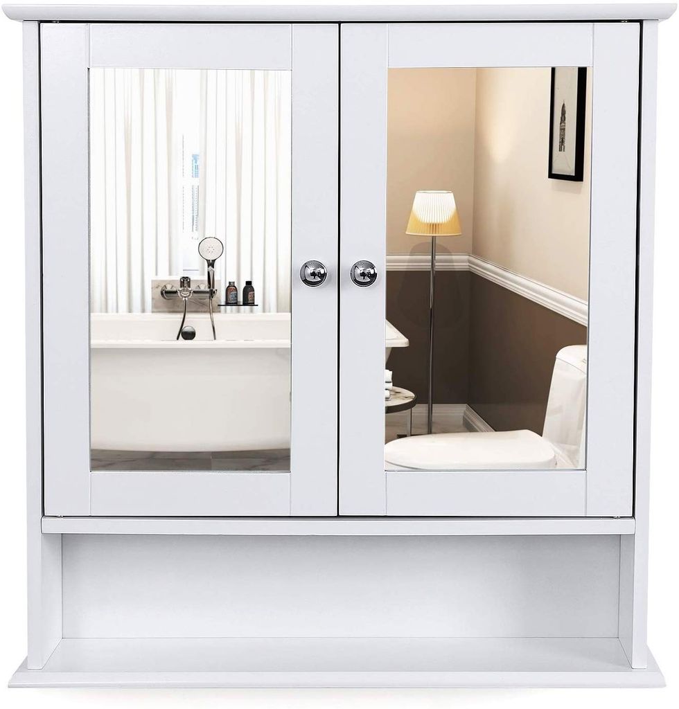 Badezimmer Hängeschrank Doppel Spiegel Tür Hölzern Weiß Regal Ablage Fächer 