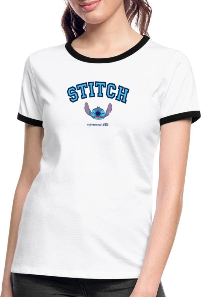 Lilo & Stitch Experiment 626 Frauen Kontrast T-Shirt, L, Weiß/Schwarz