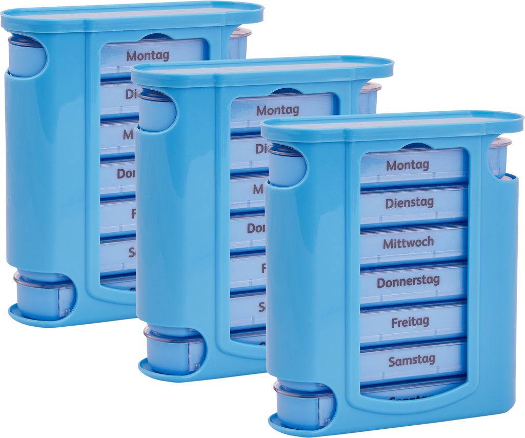 3x WELLGRO Tablettenbox für 7 Tage - je 4 Fächer pro Tag - 11,5 x 4,5 x 13 cm (BxTxH) - Farbe wählbar, Farbe:Hellblau