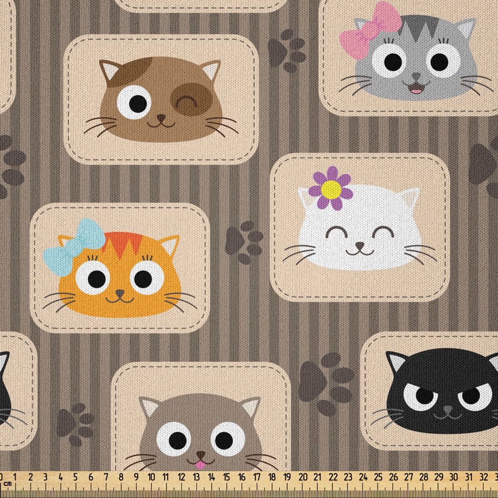ABAKUHAUS Katze Microfaser Stoff als Meterware , Patchwork inspirierte Muster Adorable Kitty Gesichter Silly Expressions Footprints Stripes, 5 M (2...