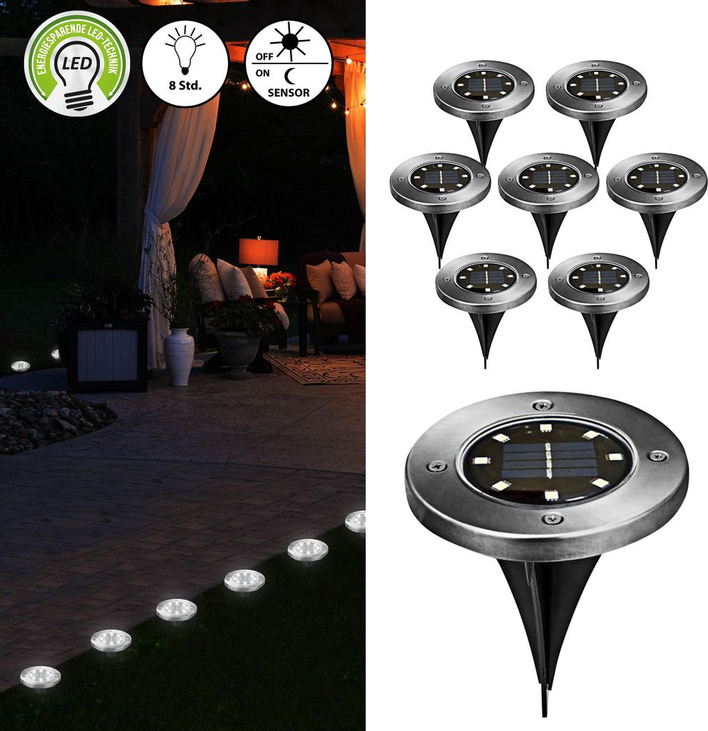 Wegleuchte Solar 8er Set Erdspieß Gartenleuchte Bodenlicht Produktbild 