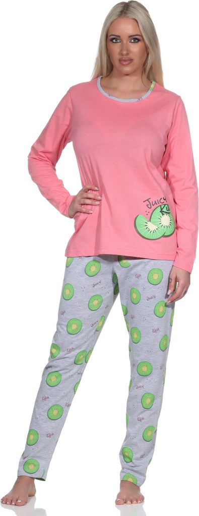 Normann Damen Schlafanzug langarm Pyjama mit Pyjamahose in coolem allover Print ; pink , 40