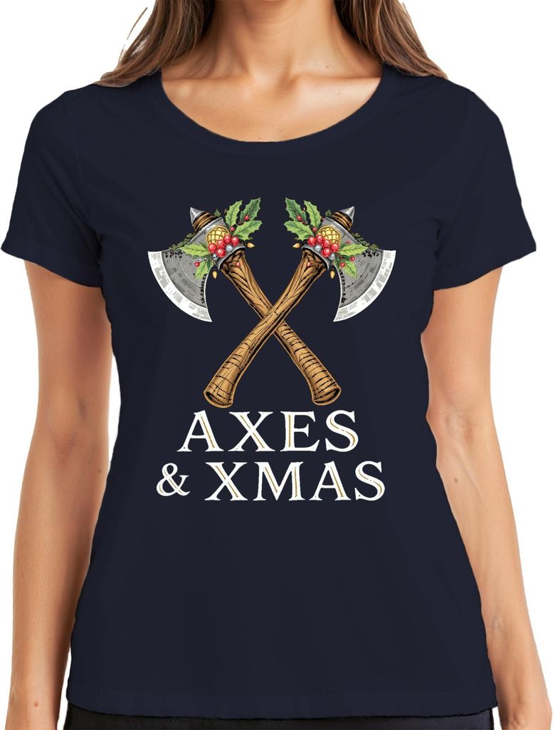 Axes & Xmas Wikinger Axt Weihnachten Geschenk Vintage Damen T-Shirt, Navy, XL