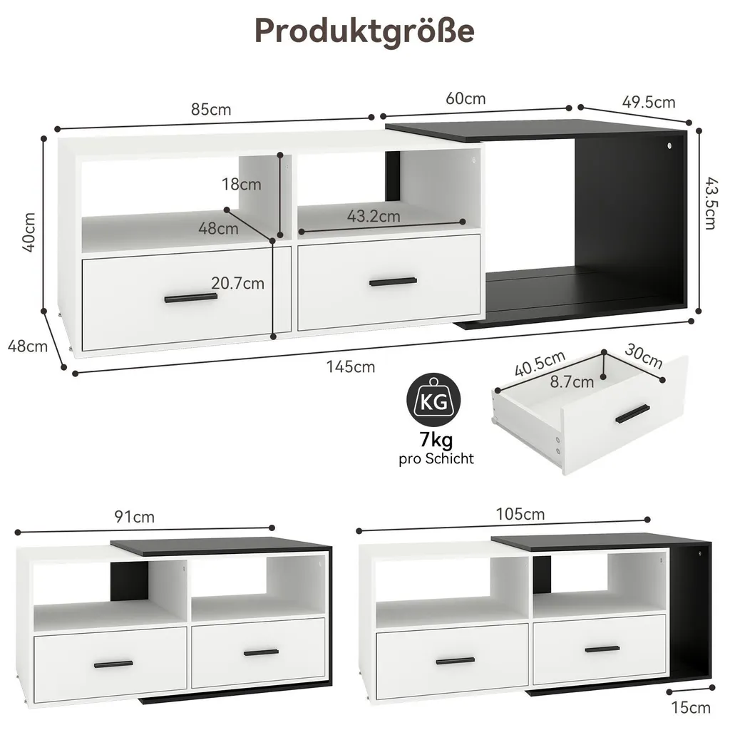 Table Basse avec Tiroir et Design Modulaire Extensible Noir et Blanc - 5