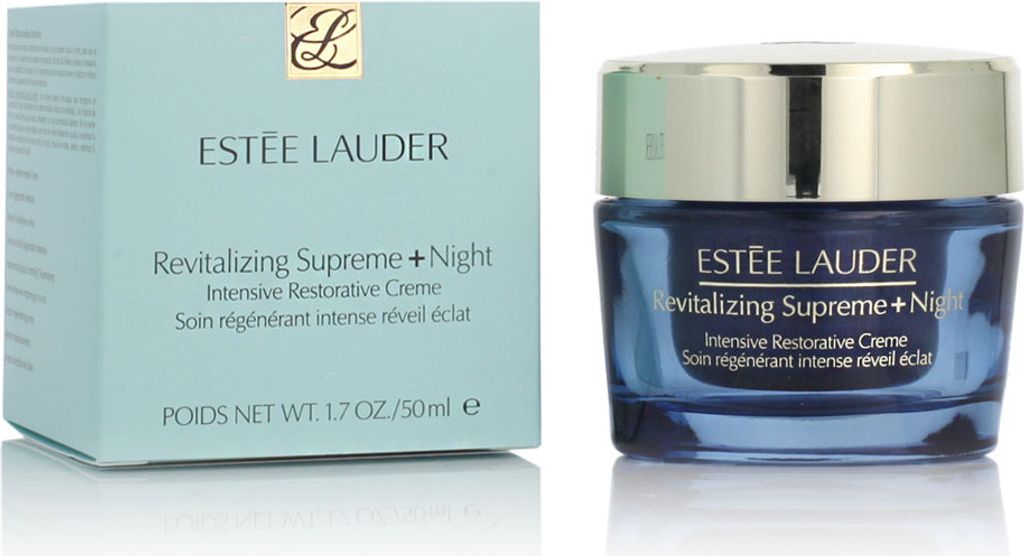 A box and a jar of Estée Lauder Revitalizing Supreme + Night Intensive Restorative Creme are displayed side-by-side against a white background.