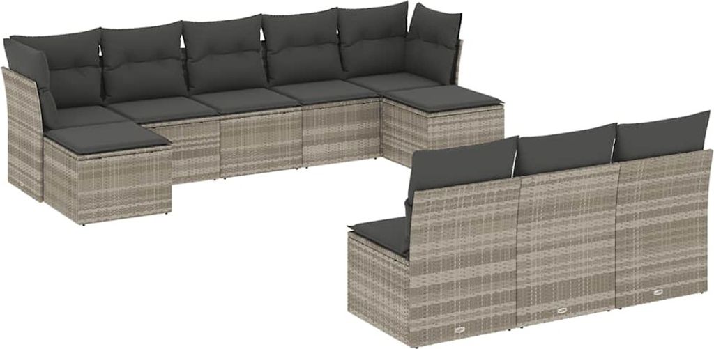 vidaXL 10-tlg. Garten-Sofagarnitur mit Kissen Hellgrau Poly Rattan