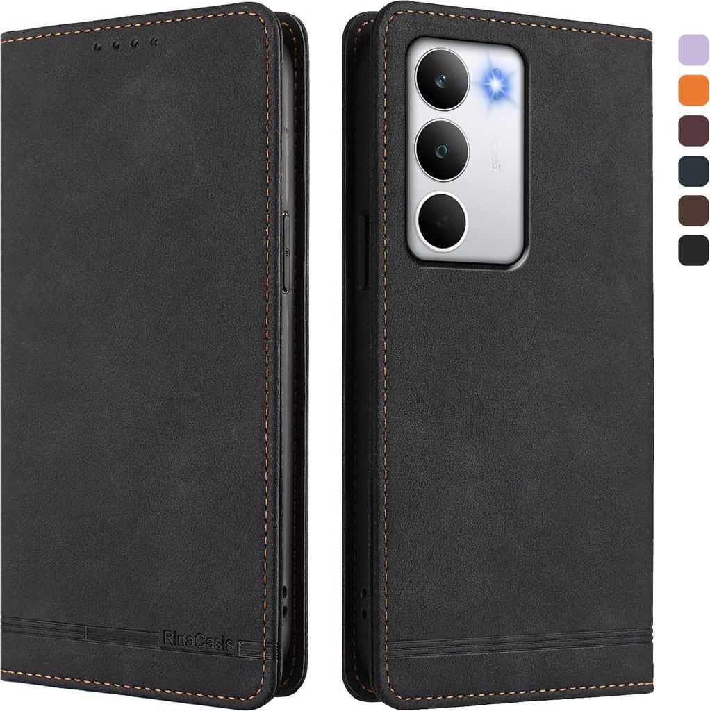 Hülle für Realme C71, Retro Kunstleder Ständer Klapphülle mit Kartenfächer und Magnetische Schwarz