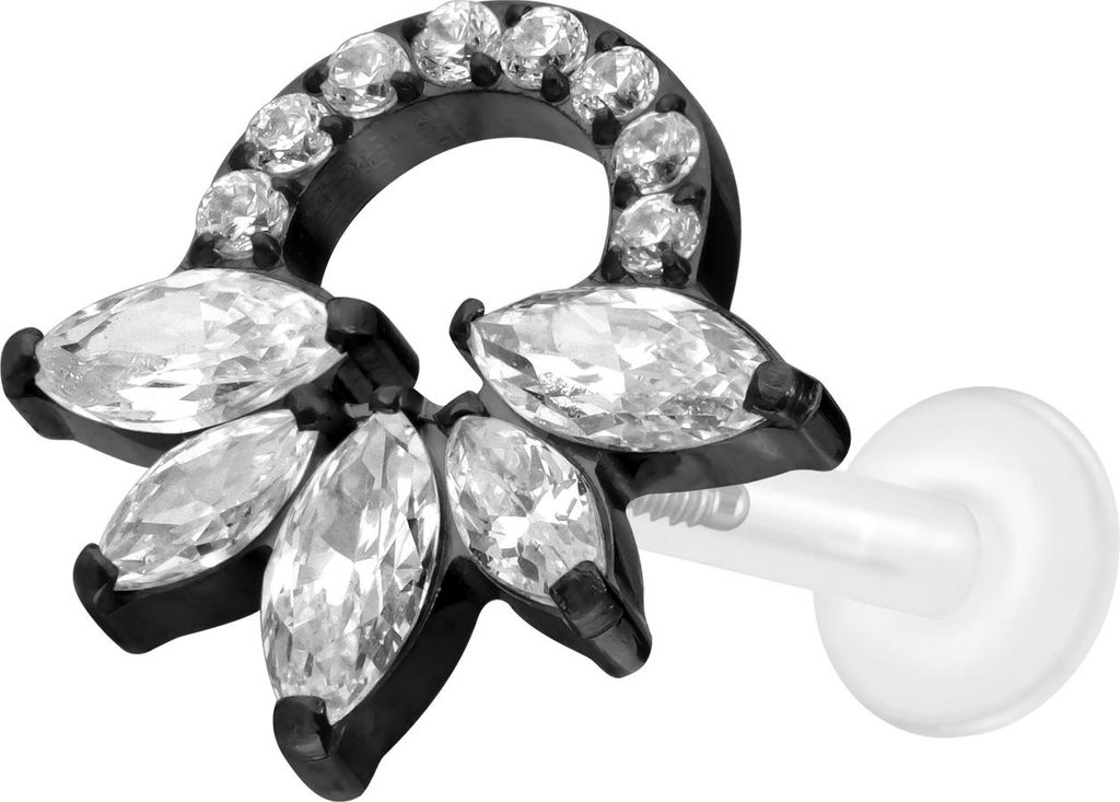 Ohrpiercing, Nasenpiercing PTFE Labret mit Innengewinde + Titan-Aufsatz KRISTALLRASSEL Schwarz Stablänge: 10mm | Stabstärke: 1,6mm
