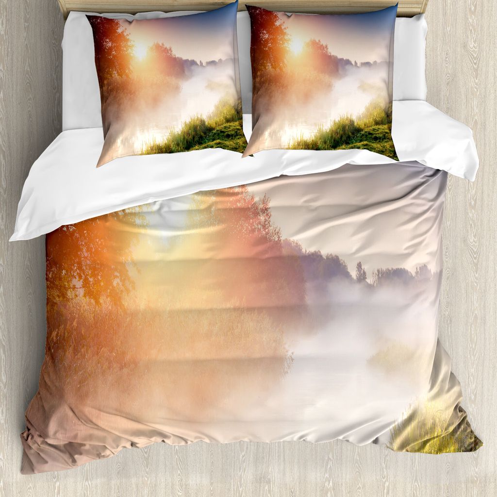 ABAKUHAUS Natur Bettbezug, Sunbeams Foggy Mountain, Milbensicher Allergiker geeignet mit Kissenbezügen, 200 cm x 200 cm - 80 x 80 cm, Mehrfarbig