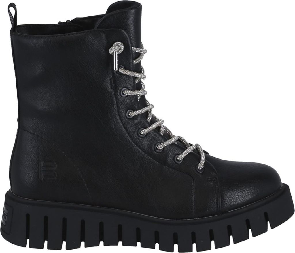 A black leather lace-up boot with silver laces and a thick black sole, shown against a white background.