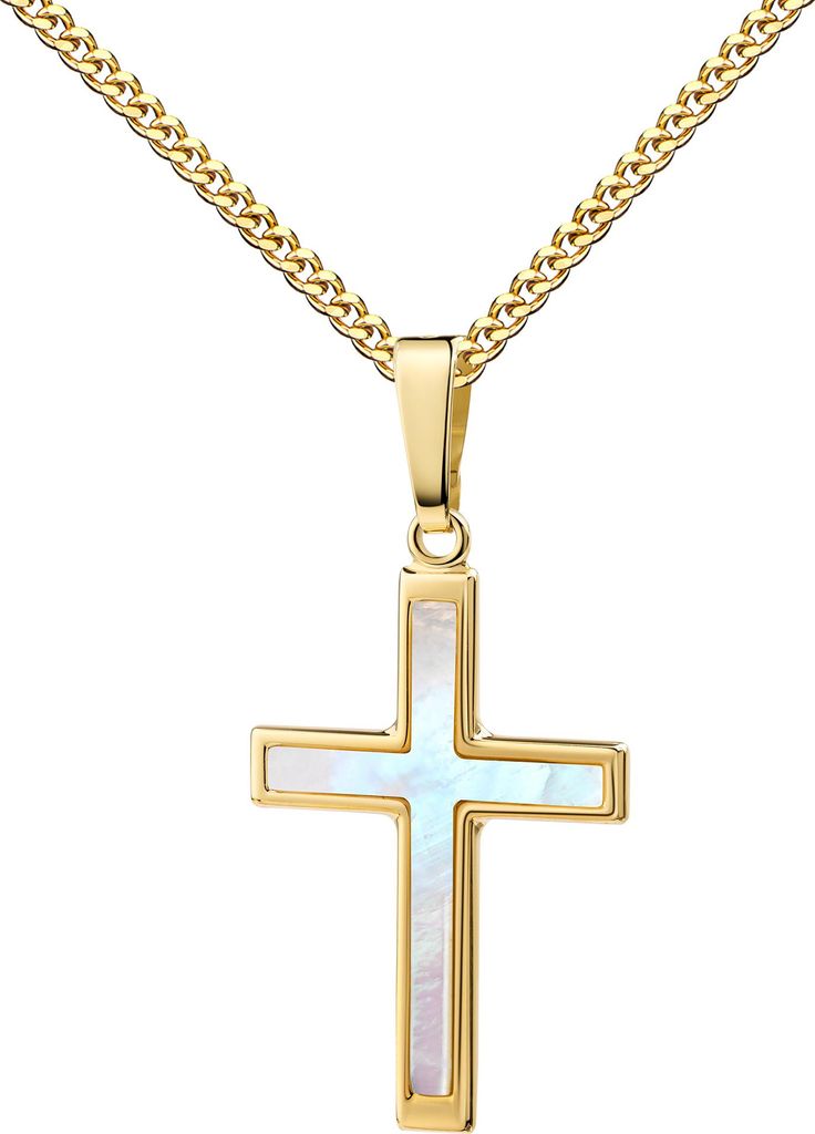 Kreuz Anhänger 8K für DAMEN aus Gold 333 mit Perlmutt-Einlage. Mit Kette 50 cm