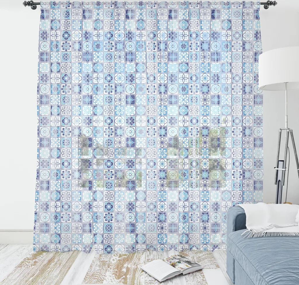 Tapisserie Bleue en Satin Soyeux avec Motifs Azulejos Traditionnels