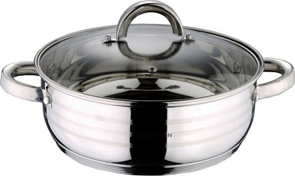 A stainless steel pot with a glass lid and handles, shown from a slightly elevated front-side angle against a white background.