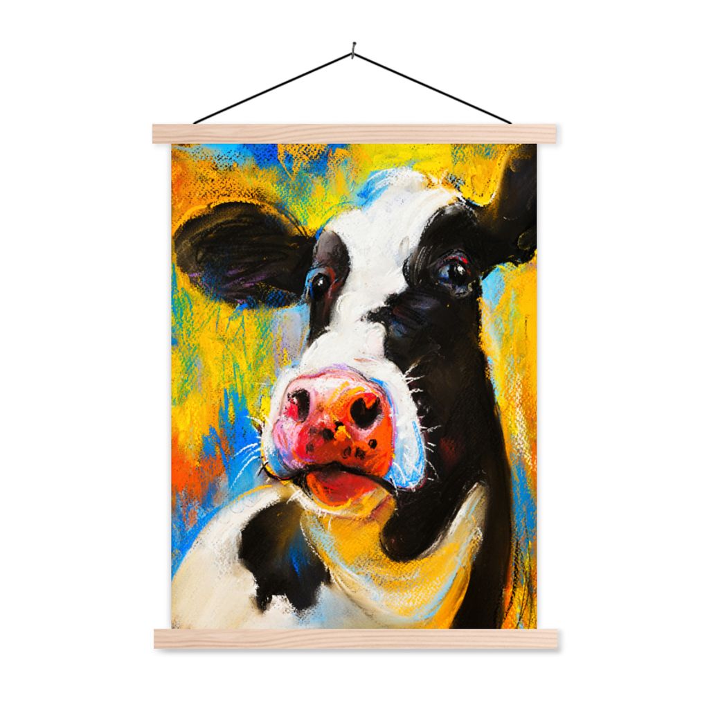 MuchoWow Textilposter Gemälde - Ölfarbe - Kuh - Tiere 60x80 cm mit holzfarbenen Rahmen - Wandbild