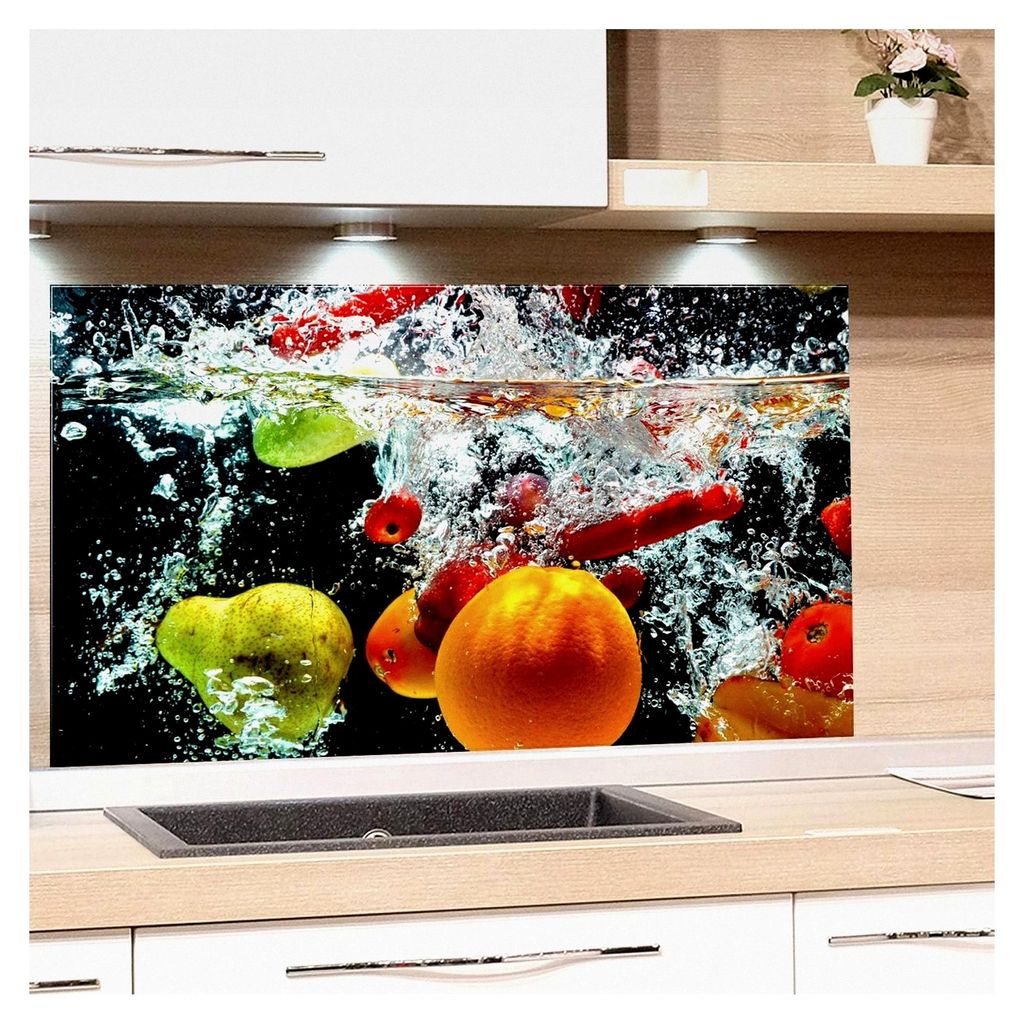 Spritzschutz aus Glas für die Küche, Bildmotiv Früchte im Wasser, Küchenrückwand, Glasrückwand 4mm ESG Glas (60x40cm)