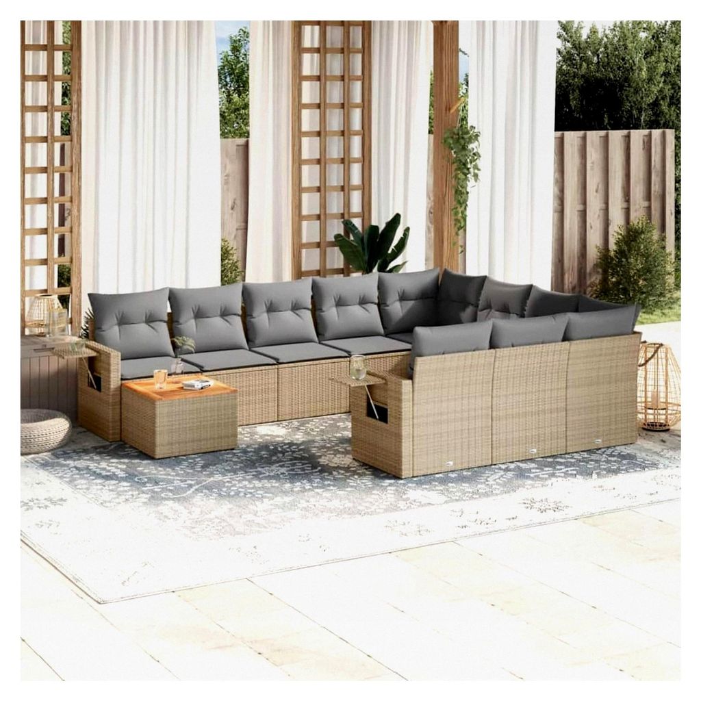 11-teiliges Gartensofa-Set mit Kissen in Beige aus Polyrattan-Mischung