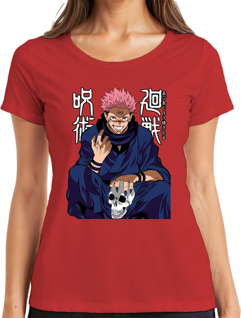 Sukuna Jujutsu Kaisen Dämon Totenkopf Anime gruselig düster Damen T-Shirt, Rot, XXL