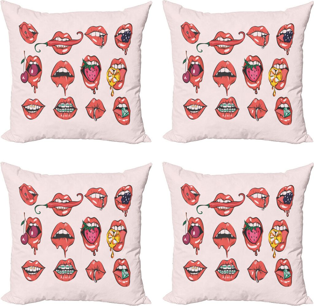 ABAKUHAUS Lippen Kissenbezug Set (4 Stück), Zungen-Piercing Zahnspangen, Moderner Doppelseitiger Digitaldruck, 40 cm x 40 cm, Mehrfarbig
