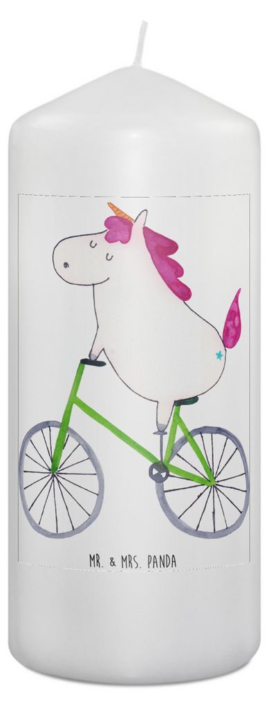 Mr. & Mrs. Panda Kerze Einhorn Radfahrer 19 x 8 cm - Weiß - Geschenk, Blockkerze, Liebeskummer, Einhörner, Bike, Erinnerungskerze, Konfetti, Stum...