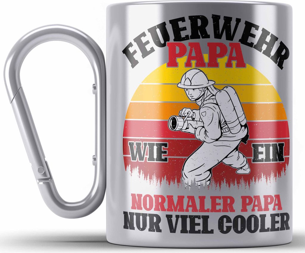 Trendation - Feuerwehr Papa Geschenk Edelstahl Tasse Karabiner Feuerwehrmann Vater Vatertag Spruch (Silber)