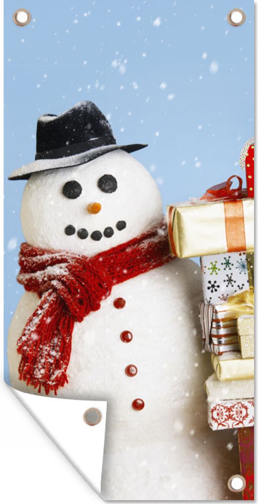 MuchoWow 40x80 cm Outdoor-Poster Gartendeko Sichtschutz Garten Poster für den Garten Ein Schneemann mit Weihnachtsgeschenken