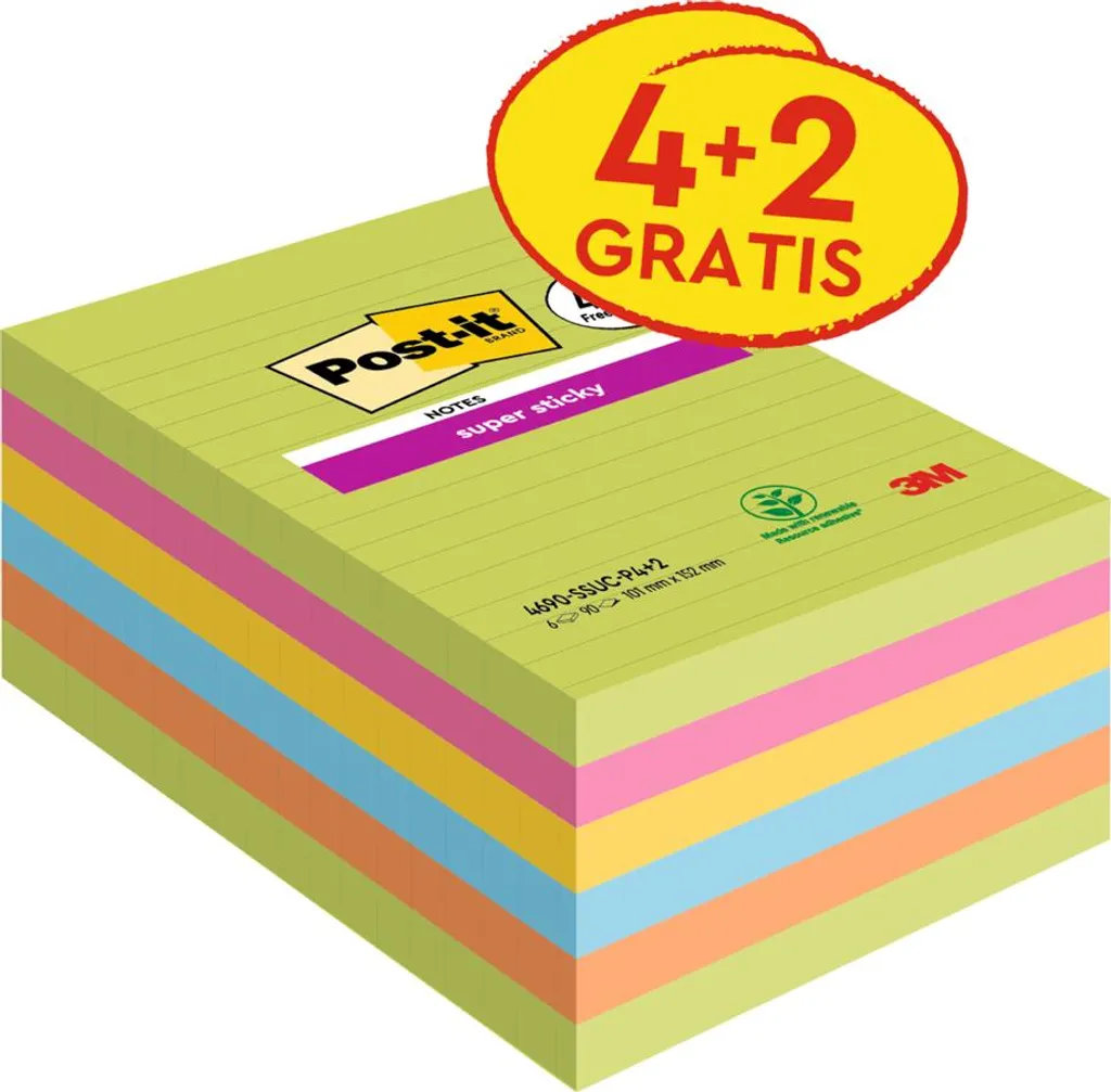 Post-it 4690-SSUC-P4+2 Notes Autocollantes Lignées Ultra Adhésives