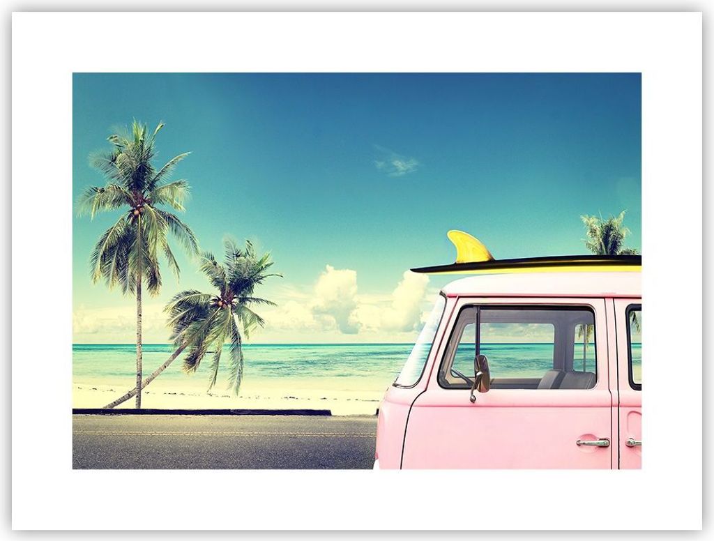 Poster - Poster ohne Rahmen - Auto Surfbrett Strand Ozean - 40x30 cm - Wand Bild - Wanddeko - Wandbilder - Kunstposter - Wandposter - Bilder - Kuns...
