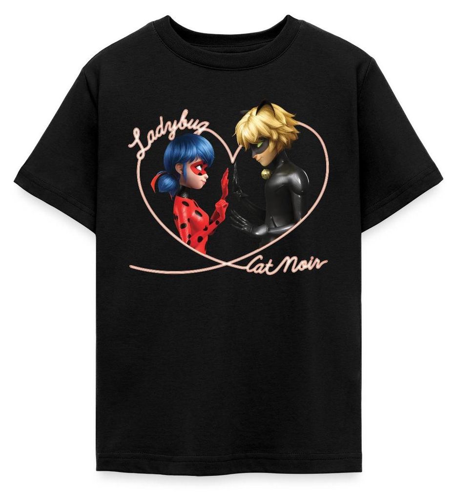 Spreadshirt Miraculous Ladybug Und Cat Noir Herz Teenager T-Shirt, 134/146 (9-11 Jahre), Schwarz