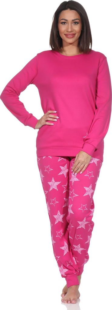 Normann Damen Schlafanzug lang in Kuschel Interlock Qualität mit Bündchen in Sterne Optik ; pink , 48