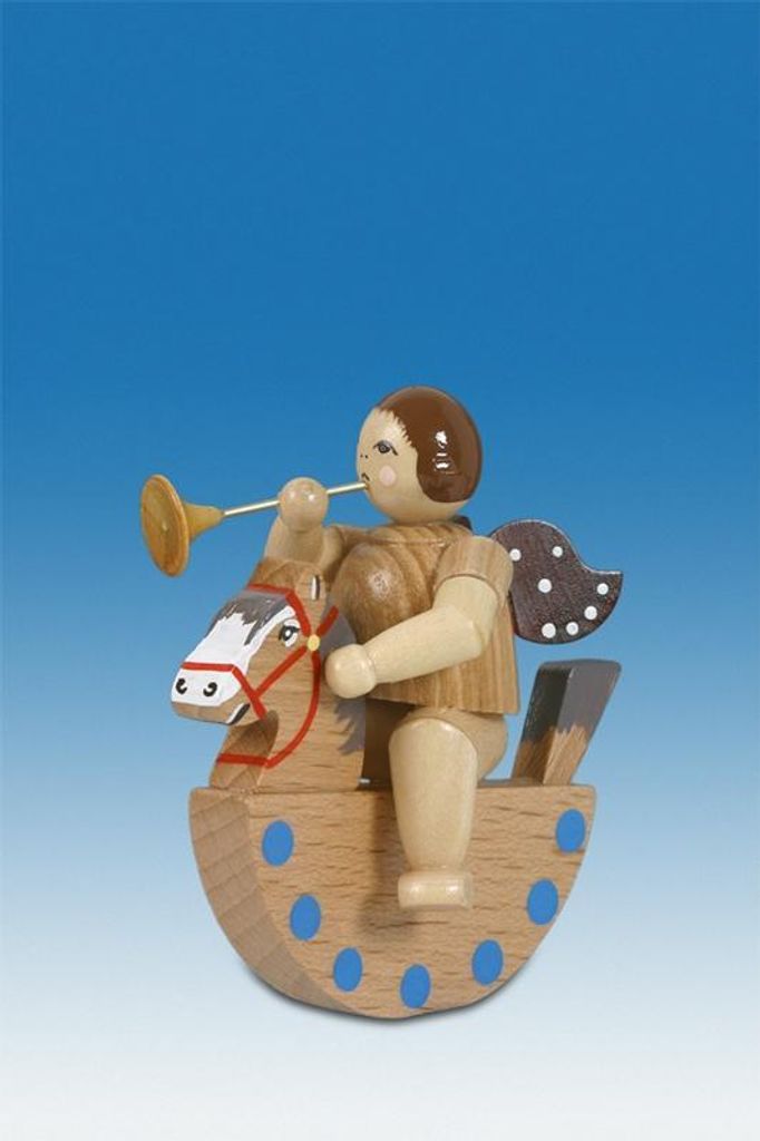 Holzfigur Engel auf Schaukelpferd mit Trompete natur ohne Krone Höhe 6,5cm NEU