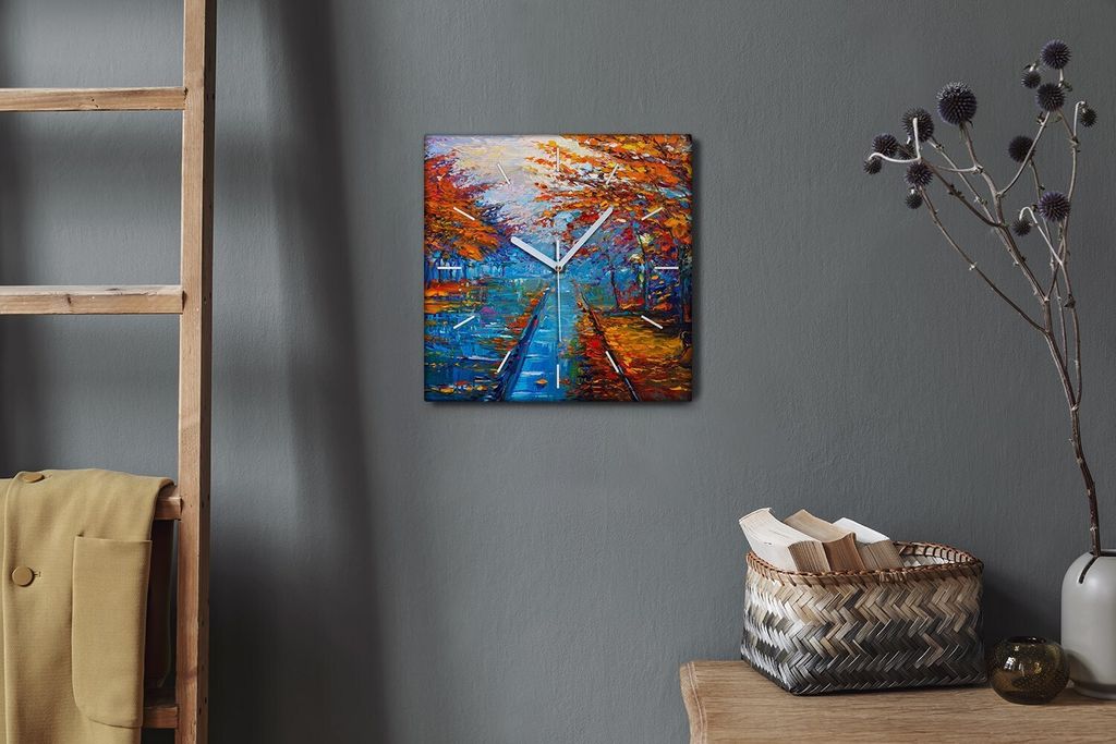 Coloray Hodiny Unikátní 30x30 cm Tiché hodiny Pro obývací pokoj a kuchyň Nástěnné hodiny Plátno Bílé ručičky hodin - Park listuje na ...