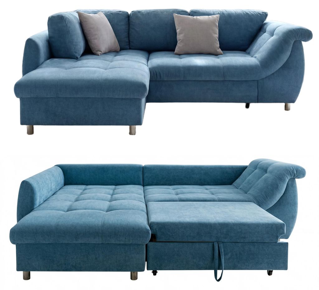 Ecksofa Schlafcouch Polsterecke L-Garnitur Wohnlandschaft Ottomane links in Blau / 17108
