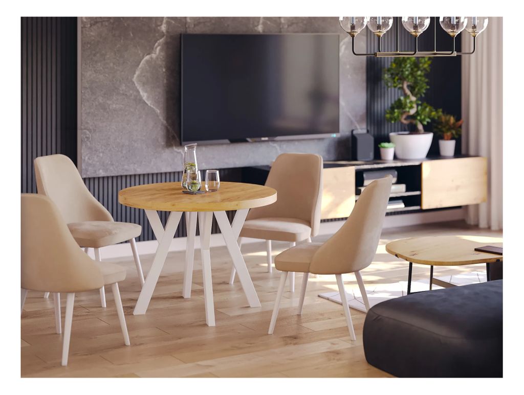 Furneo | Esstisch – Rund ausziehbar Esstisch – Esszimmertisch - 100/200 cm - Eiche Gold - Stilvoll und platzsparend