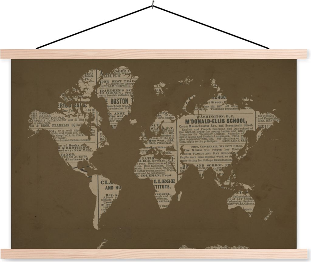 MuchoWow Textilposter Weltkarte - Retro - Zeitung 120x80 cm mit holzfarbenen Rahmen - Aufhängeset