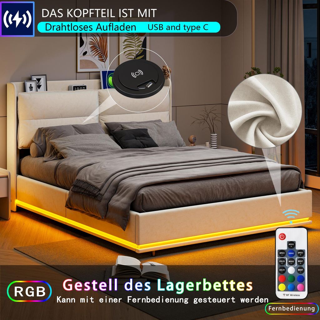 UnboxG Polsterbett 160x200 cm, Doppelbett mit Stauraum und Lattenrost, LED Kopfteil mit USB Typ C Ladefunktion, Stauraumbett Funktionsbetten Jugend...