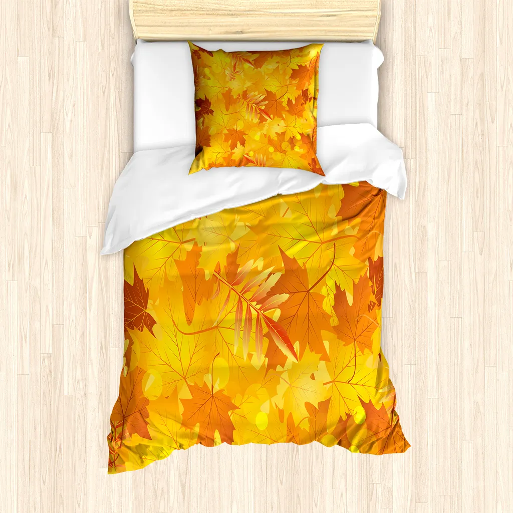 ABAKUHAUS Set copripiumino per letti singoli, motivo grafico con foglie secche, antiacaro, adatto a chi soffre di allergie, con federa, 135 cm x 200 cm - 80 x 80 cm, arancione giallo