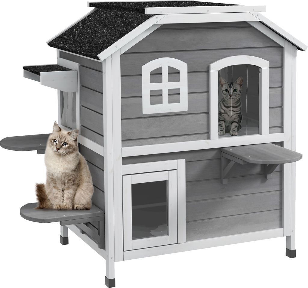 PawHut Katzenhaus mit Asphaltdach, Outdoor Katzenhütte mit Treppen, 2-Etagen Katzenvilla, Wasserfest, Garten, Tannenholz, Grau, 99,5 x 76 x 91 cm