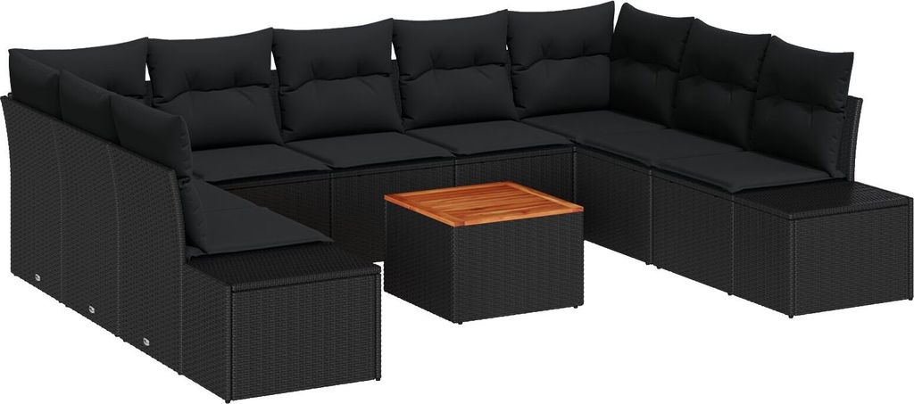 Möbel 10-teiliges Garten Sofa Set mit Kissen Schwarz Poly Rattan Akazie - Gartensofas 3348003