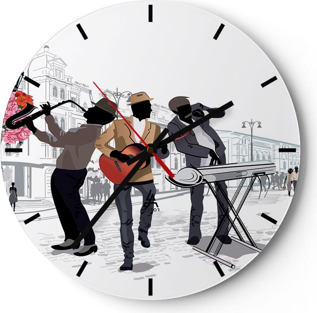 Wanduhr - Rund - Glasuhr - Musik Instrumente Straße Stadt - 30x30cm - Schleichendes Uhrwerk - Lautlos - zum Aufhängen bereit - Dekoration Modern ...