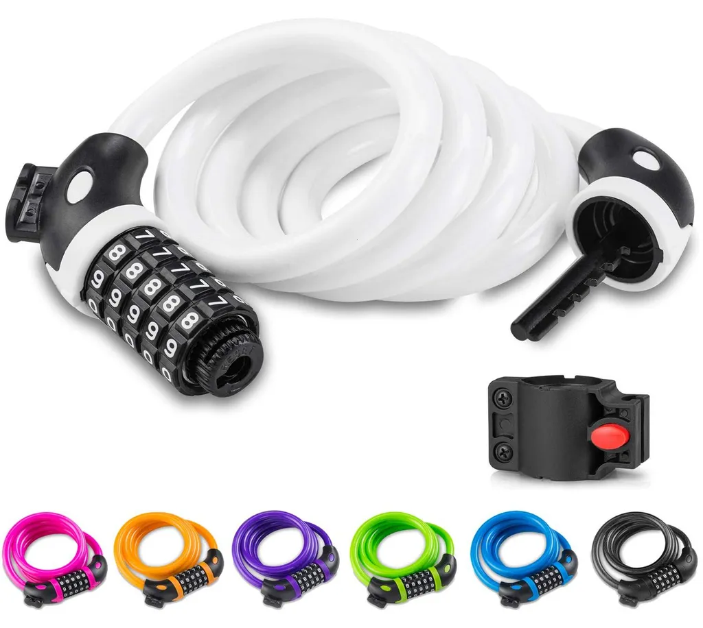Cadenas vélo anti-vol sans clé, code 5 chiffres, câble 1,2m Blanc léger