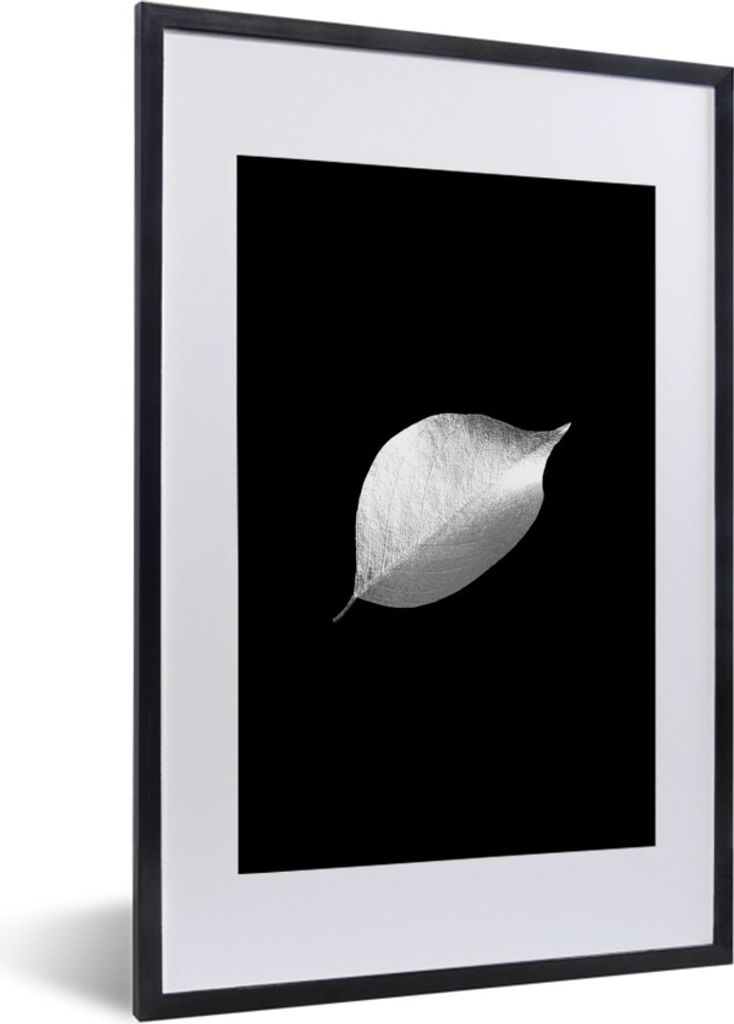 MuchoWow Gerahmtes Poster Blatt auf schwarzem Hintergrund - schwarz und weiß 40x60 cm - Poster mit Schwarzem Bilderrahmen Wandposter Rahmen Foto...