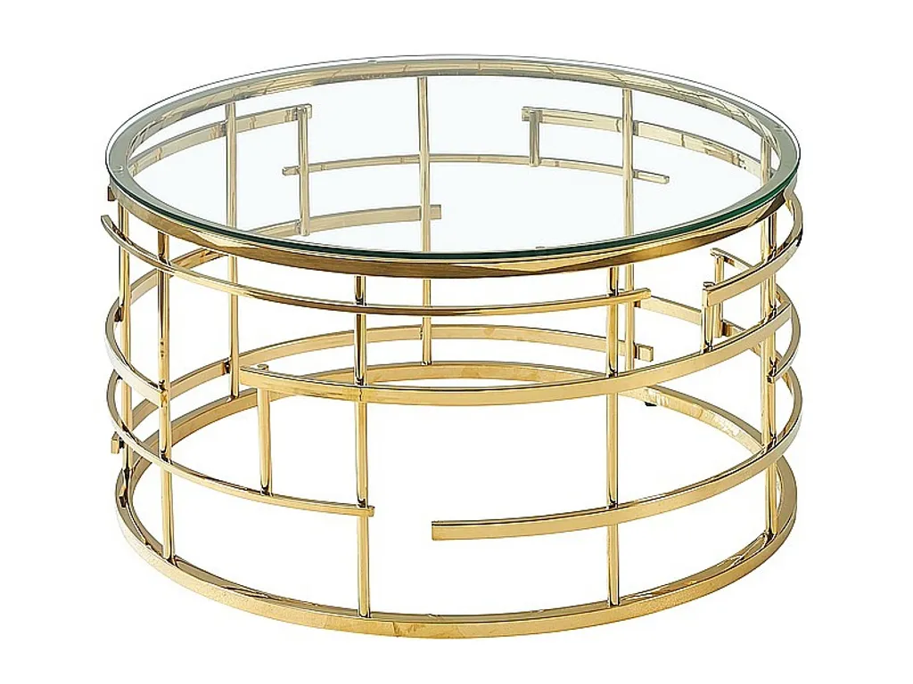 Table basse ronde LAMBRO en verre trempé transparent et acier doré chic